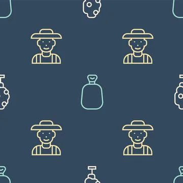Set line Tree with apple, Farmer in the hat and Full sack on seamless pattern Illustrazione stock