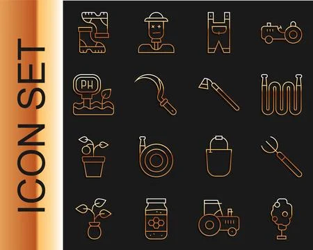 Set line Tree with apple, Garden pitchfork, hose, worker clothes, Sickle, S.. Stock Illustration