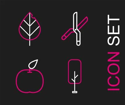 Set line Tree, Apple, Gardening handmade scissors and Leaf icon. Vector Illustrazione stock
