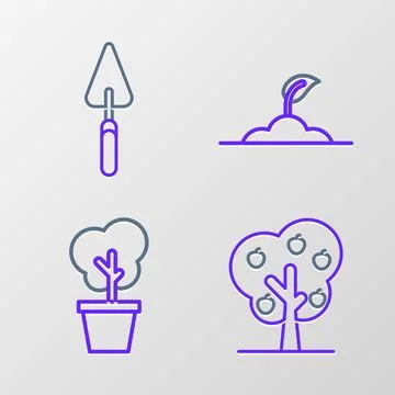 Set line Tree with apple, in pot, Sprout and Garden trowel spade or shovel .. Stock Illustration