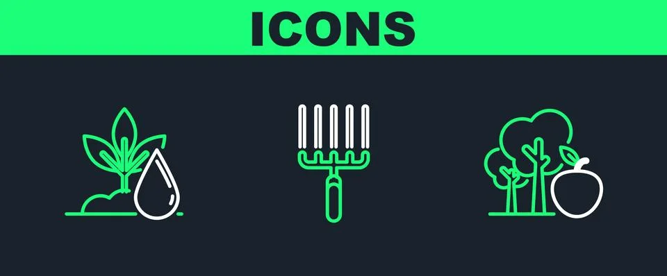 Set line Tree with apple, Watering plant and Garden rake work icon. Vector Stock Illustration