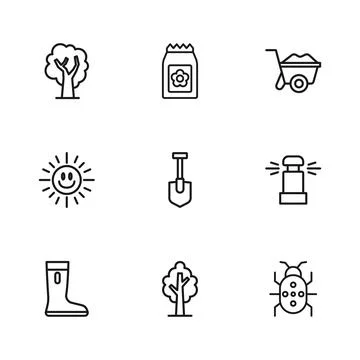 Set line Tree, Automatic irrigation sprinklers, Colorado beetle, Shovel, Wh.. イラスト素材