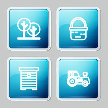 Set line Tree, Basket, Hive for bees and Tractor icon. Vector Illustrazione stock