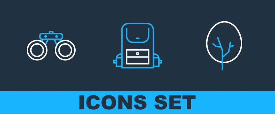 Set line Tree, Binoculars and Hiking backpack icon. Vector イラスト素材