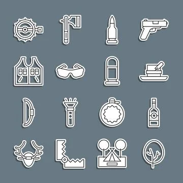 Set line Tree, Bottle of vodka, Hunter hat with feather, Bullet, Glasses Stock Illustration