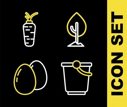 Set line Tree, Bucket, Chicken egg and Carrot icon. Vector Stock Illustration
