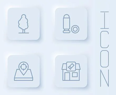 Set line Tree, Bullet, Hunt place and Hunting shop. White square button. Vect Stock Illustration