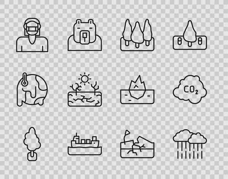 Set line Tree, Cloud with rain, Forest, Oil tanker ship, Face protective mask Stock Illustration