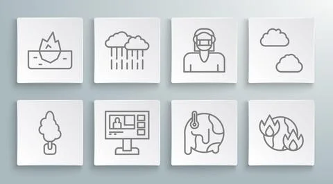 Set line Tree, Cloud with rain, Television report, Global warming, fire, Fa.. Stock Illustration