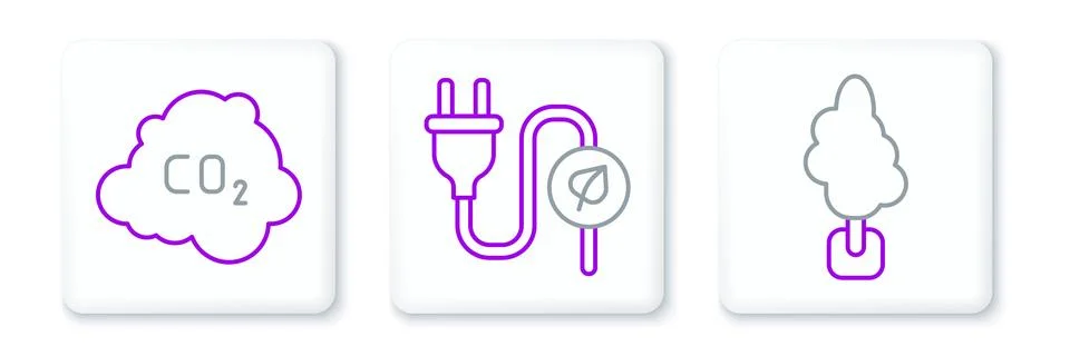 Set line Tree, CO2 emissions in cloud and Electric saving plug leaf icon. V.. Stock Illustration