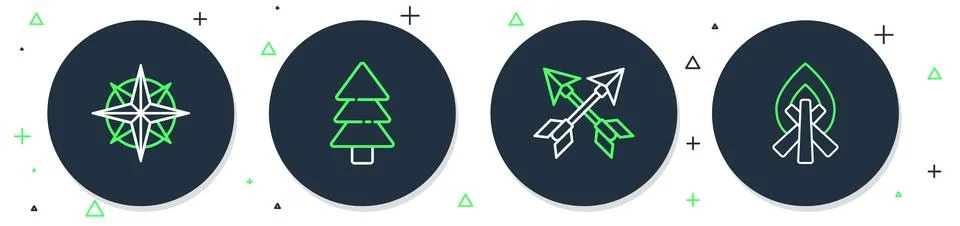 Set line Tree, Crossed arrows, Wind rose and Campfire icon. Vector イラスト素材