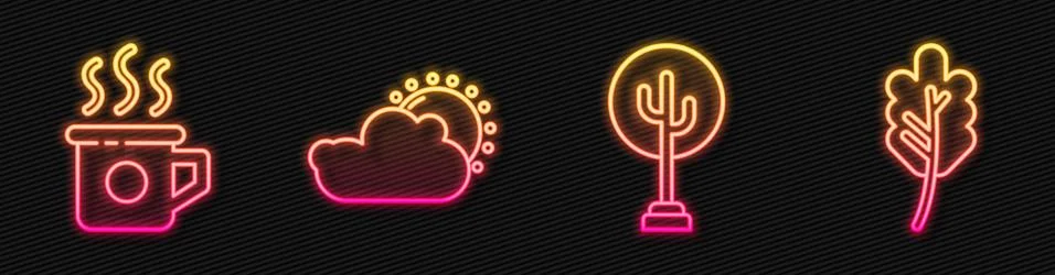 Set line Tree, Cup of tea, Sun and cloud weather and Leaf or leaves. Glowing Stock Illustration