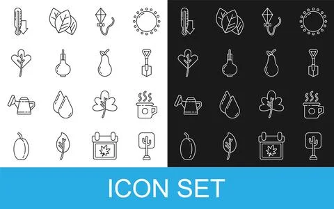 Set line Tree, Cup of tea, Shovel, Kite, Onion, Leaf or leaves, Meteorology.. Stock Illustration