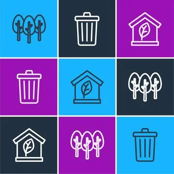 Set line Tree, Eco friendly house and Trash can icon. Vector Ilustración de archivo