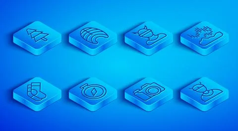 Set line Tree, Fish steak, Viking head, Compass, Photo camera, Northern lights Stock Illustration