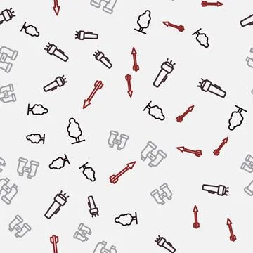 Set line Tree, Flashlight, Binoculars and Medieval arrow on seamless pattern Stock Illustration