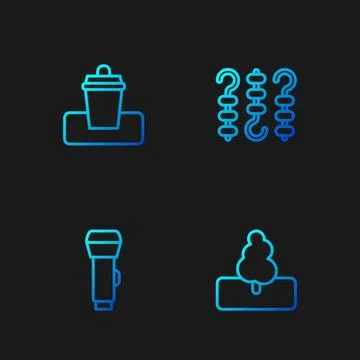 Set line Tree, Flashlight, Trash can and Grilled shish kebab on skewer. Gradient Ilustración de archivo