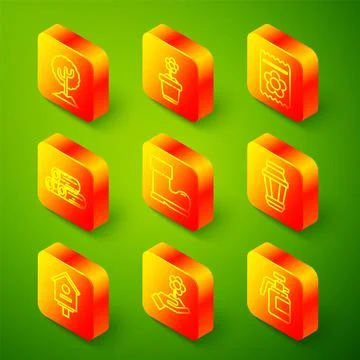 Set line Tree, Flower in pot, Pack full of seeds of plant, Wooden logs Stock Illustration