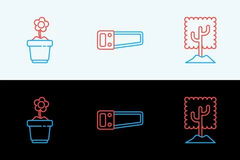 Set line Tree, Flower in pot and Hand saw icon. Vector イラスト素材