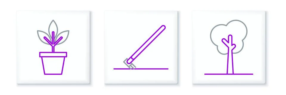 Set line Tree, Flowers in pot and Garden rake work icon. Vector Stock Illustration