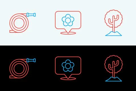 Set line Tree, Garden hose or fire hose and Location with flower icon. Vector Illustrazione stock
