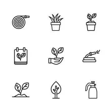 Set line Tree, Garden hose, sprayer for water, Leaf in hand, Plant pot,  an.. Stock Illustration