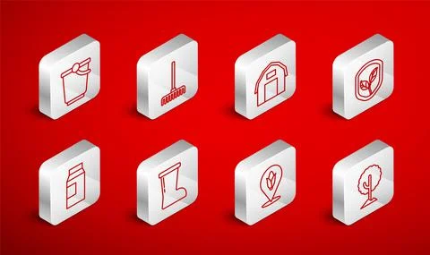 Set line Tree, Garden rake, Farm house, Shield with leaf, Location corn, Bucket Stock Illustration