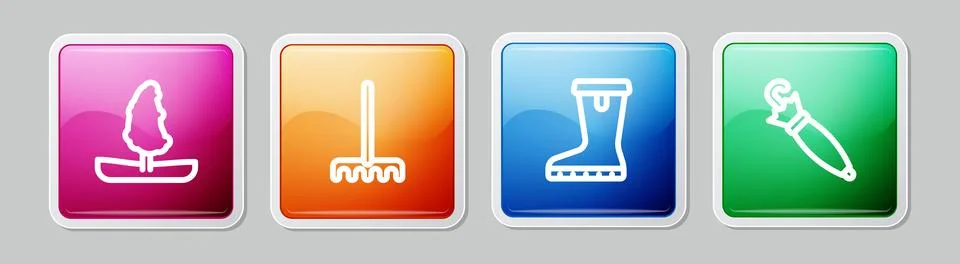 Set line Tree, Garden rake, Waterproof rubber boot and Umbrella. Colorful square Stockillustratie