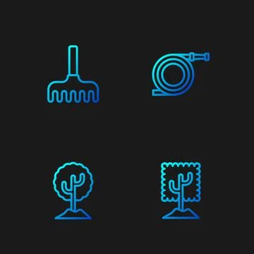 Set line Tree, , Garden rake and hose or fire hose. Gradient color icons. V.. Illustrazione stock