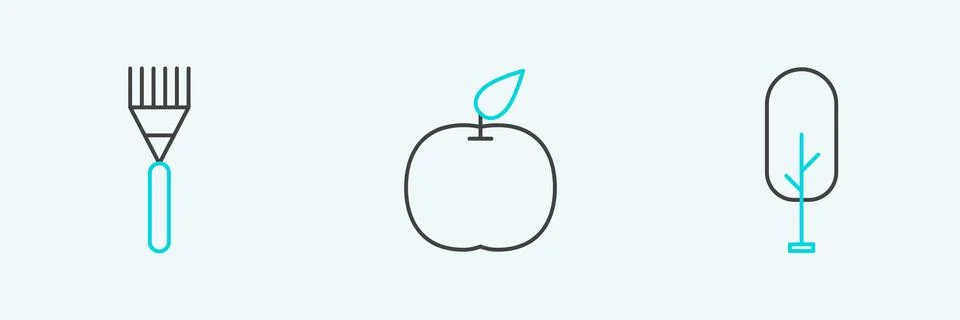 Set line Tree, Garden rake and Apple icon. Vector Illustrazione stock