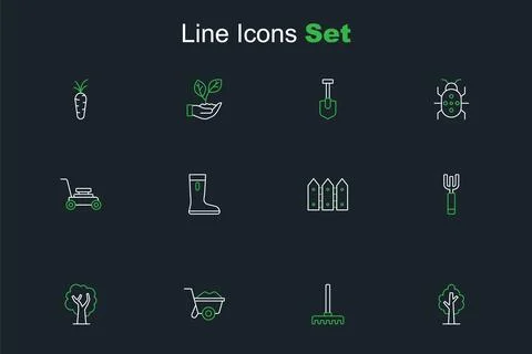 Set line Tree, Garden rake, Wheelbarrow, pitchfork, fence wooden, Waterproo.. イラスト素材