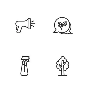 Set line Tree, Garden sprayer for water, hose and Leaf icon. Vector Illustrazione stock