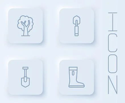 Set line Tree, Garden trowel spade or shovel, Shovel and Waterproof rubber .. Stock Illustration