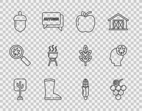 Set line Tree, Grape fruit, Apple, Waterproof rubber boot, Acorn, Barbecue grill Stock Illustration