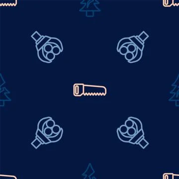 Set line Tree, Grapple crane grabbed a log and Hand saw on seamless pattern Stock Illustration
