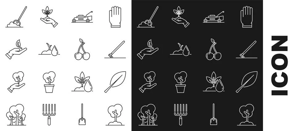 Set line Tree in the ground, Leaf, Garden rake work, Lawn mower, Watering s.. Stock Illustration