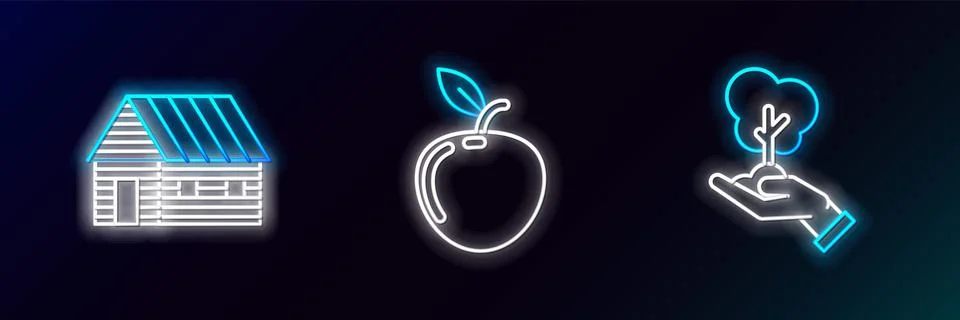 Set line Tree in hand of environmental protection, Farm house and Apple icon Ilustración de archivo