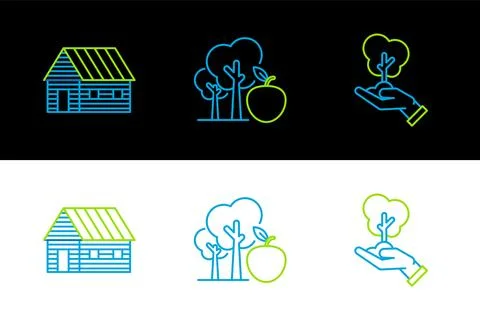 Set line Tree in hand of environmental protection, Farm house and with apple Ilustración de archivo