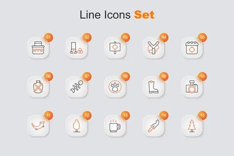 Set line Tree, Hunter knife, Coffee cup, Hunting horn, Photo camera, Waterp.. Stock-Illustration
