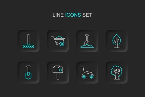 Set line Tree, Lawn mower, Bird house, Shovel, Wheelbarrow and Garden rake .. Stock Illustration