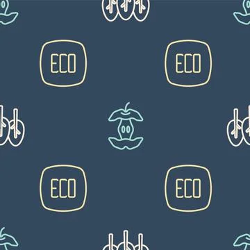 Set line Tree, Leaf Eco symbol and Apple core on seamless pattern. Vector Stock Illustration