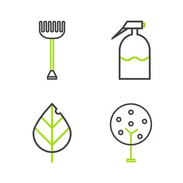 Set line Tree, Leaf, Garden sprayer and rake icon. Vector 스톡 일러스트