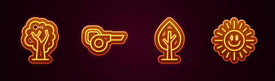Set line Tree, Leaf garden blower,  and Sun. Glowing neon icon. Vector Illustrazione stock