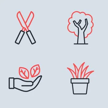 Set line Tree, Leaf in hand, Plant pot and Gardening scissors icon. Vector イラスト素材