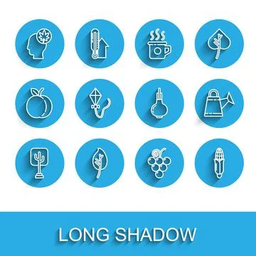 Set line Tree, Leaf or leaves, Human head with leaf, Grape fruit, Corn, Kite Stock Illustration