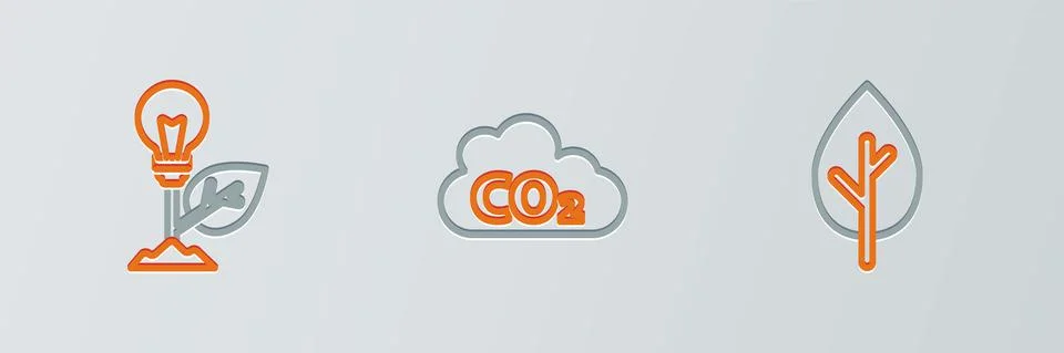 Set line Tree, Light bulb with leaf and CO2 emissions in cloud icon. Vector Stock Illustration