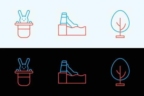 Set line Tree, Magician hat and rabbit and Water slide icon. Vector Stock Illustration