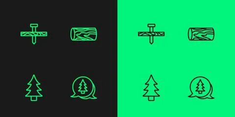 Set line Tree, Metallic nail and Wooden log icon. Vector Illustrazione stock