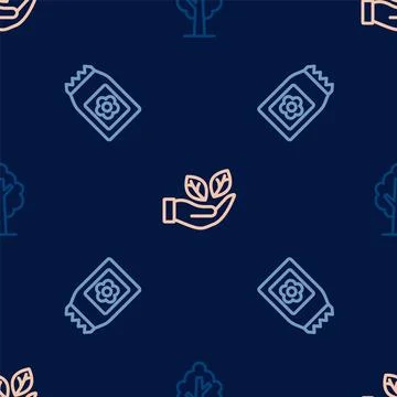 Set line Tree, Pack full of seeds and Leaf in hand on seamless pattern. Vecto Stock Illustration