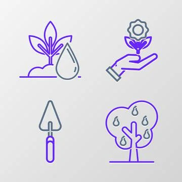Set line Tree with pears, Garden trowel spade or shovel, Hand holding flower  Illustration